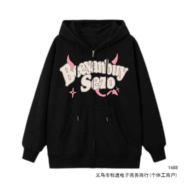 美式复古恶魔字母拉链连帽外套女2026秋冬新款加绒加厚帽衫外套模