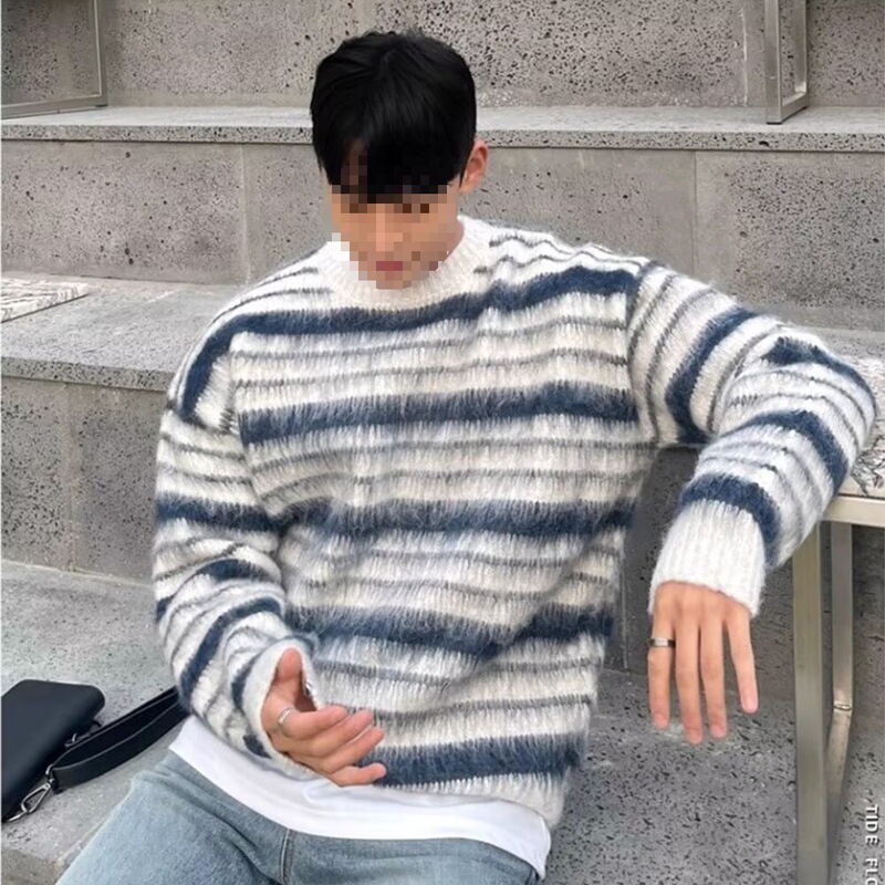 Autumn and Winter Vintage Distressed Sailor Shirt Striped Knit Sweater Men's Versatile Crew Neck Trendy Brand Couple Base Shirt