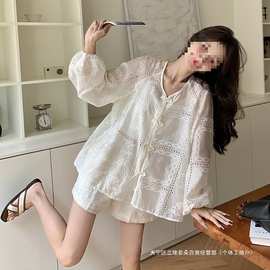 跨境中式国风设计防晒套装女2025新款夏季刺绣镂空盘扣上衣短裤两