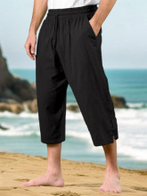 2025新款跨境亚马逊男士休闲夏季腰部抽绳多口袋棉麻七分裤沙滩裤