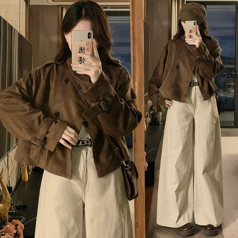 实拍 复古麂皮绒经典款双排扣夹克小个子高级感机车短外套