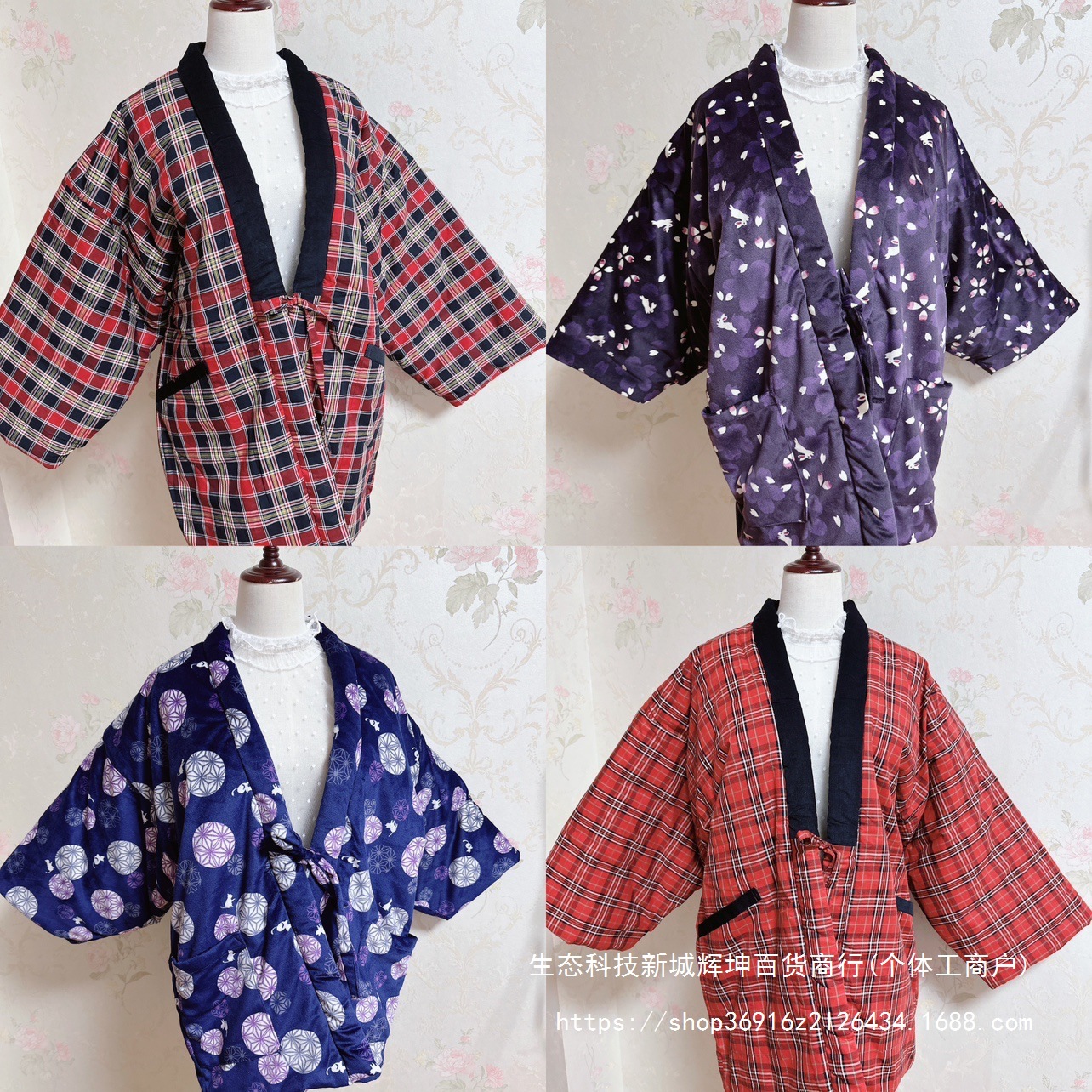 日式半缠女 宽松夹棉系绳开襟棉袄 和风半天羽织家居服秋冬女氨纶