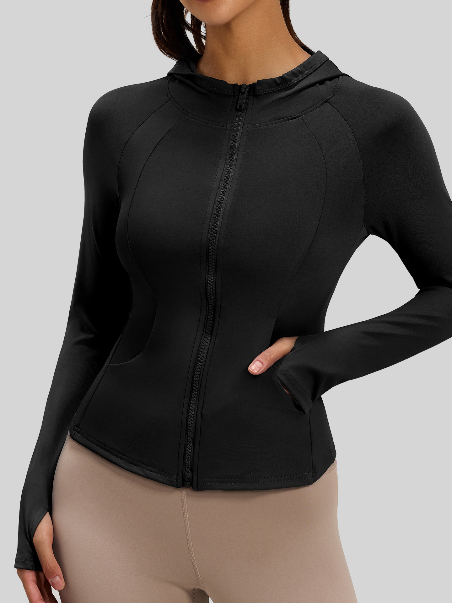 Juyi Tang primavera y otoño manga larga mujer con bolsillo encapuchado acondicionamiento físico yoga abrigo