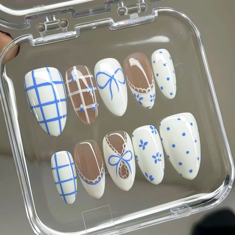 Blue and white contrasting plaid lace bow Hailey white female style press-on nails European and American ins cross-border nail patches Blue and white contrasting plaid lace bow Hailey white female style press-on nails European and American ins cross-border nail patches