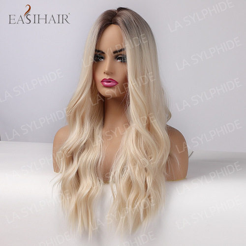 Cross-border European and American wigs for women, high-temperature silk hair, brown golden gradient, middle parting without bangs, big wavy hair