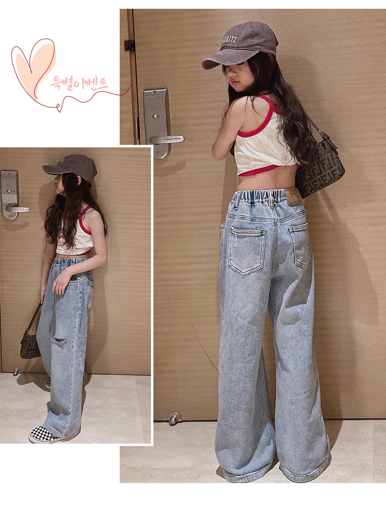 Neue Frühjahr Mädchen Kleidung Kinder Gerade Ripped Loch Lose Jeans Elastische Taille Hose Kind Teen Denim Breite Bein Hosen frühlen – Detail 7