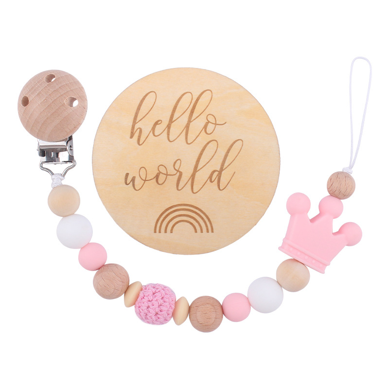 Nuevo bebé haya chupete clip de madera patrón hito tarjeta chupete cadena conjunto de dos piezas