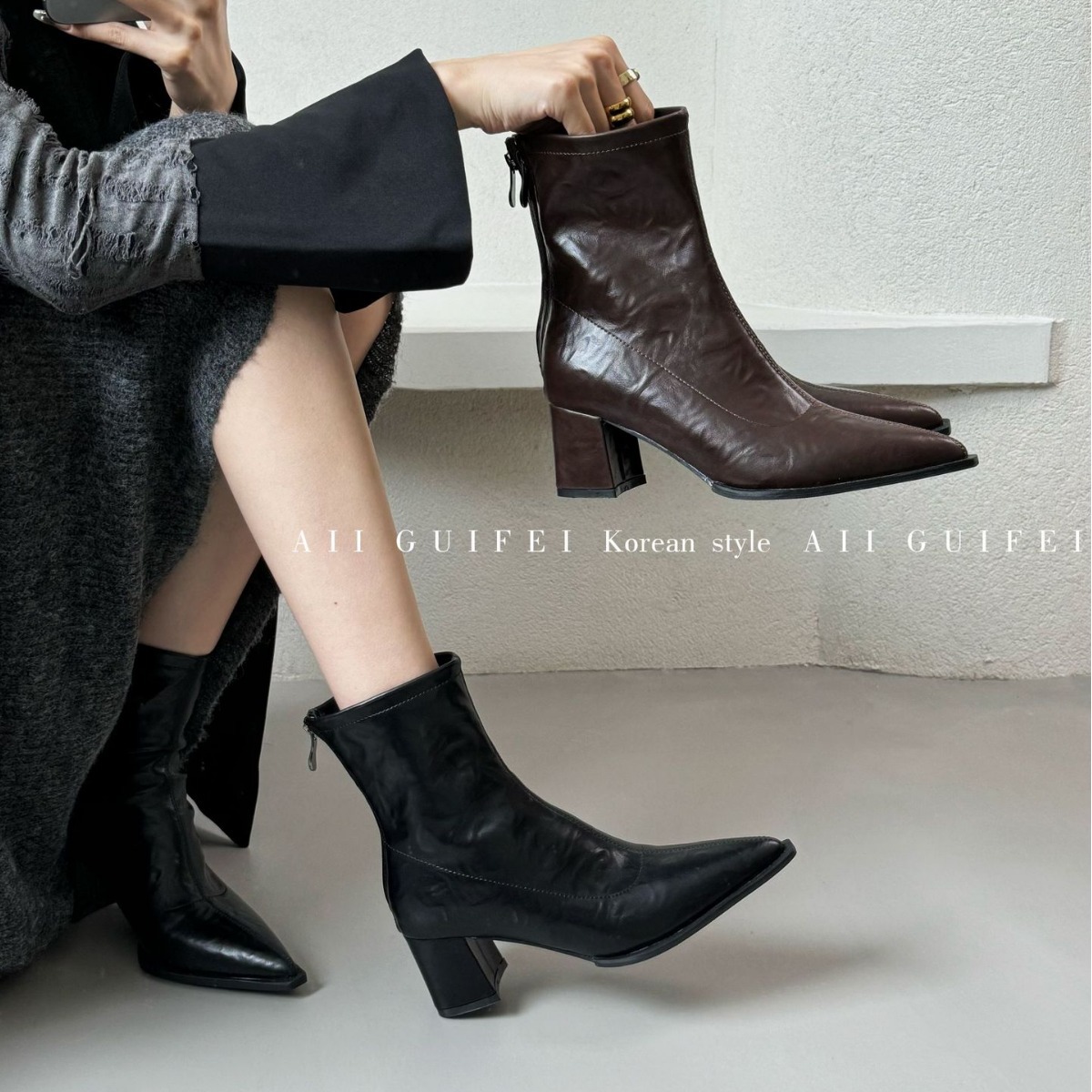 英伦风尖头个性时装靴粗低跟短靴女2025年新秋冬百搭后拉链机车靴