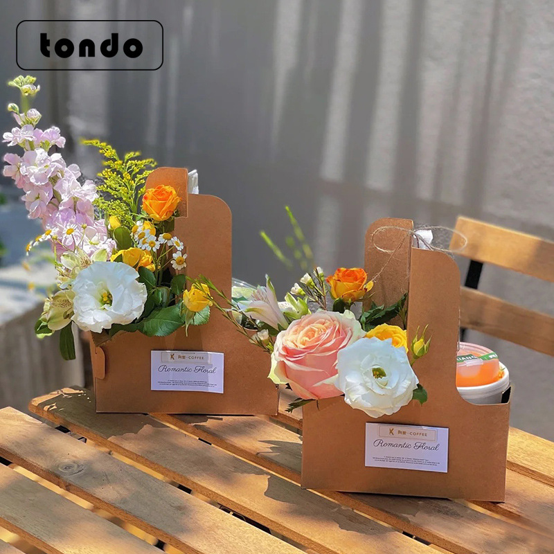 唐德咖啡手提盒牛皮纸奶茶杯托花艺插花盒花束包装盒奶茶外带打包