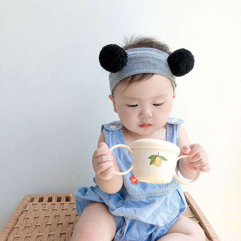 Korean Style Bear Print Baby Binaural Water Cup With Lid Straw Children High Temperature Resistant Environmentally Friendly Pvc Drinking Cup