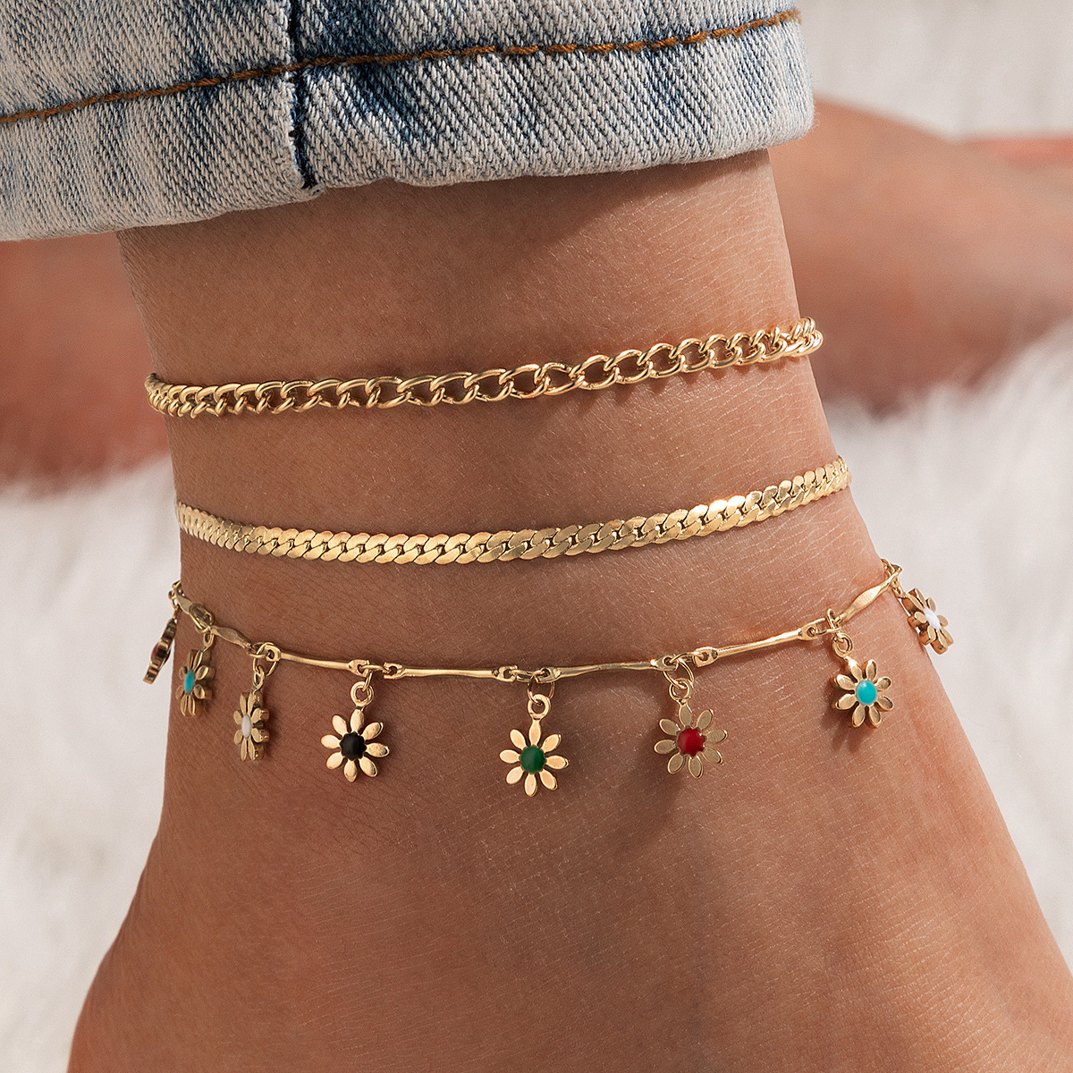 Korean Multi-layer Flower Pendant Anklet 3-piece Set display picture 1