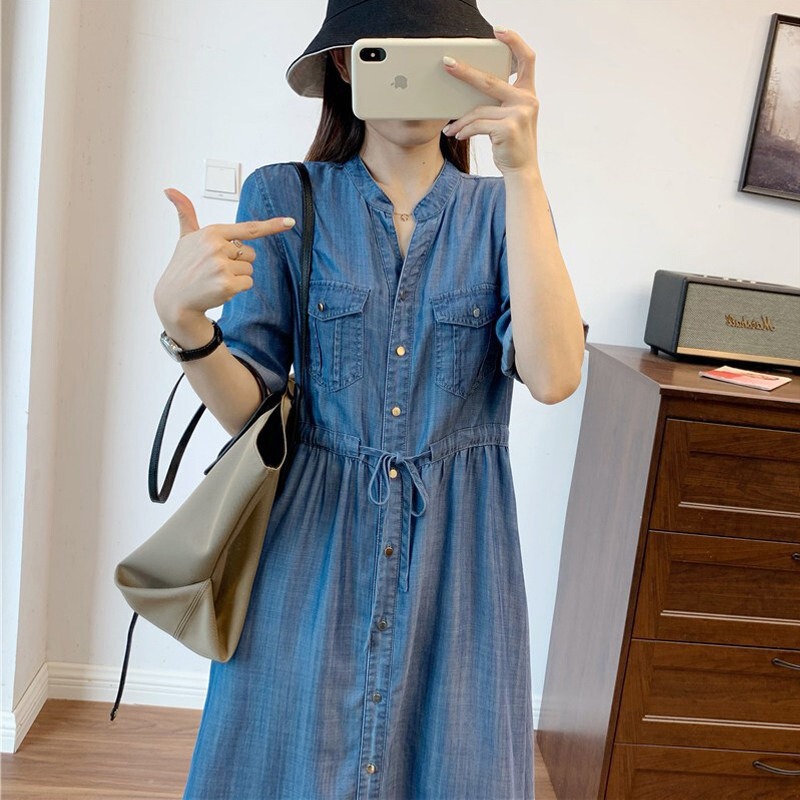 No-Iron Wrinkle-Resistant Drapey Cool 100% Lyocell Denim Dress with Elegant V-Neck, Mid-Length Short-Sleeve Shirt Dress for Women
