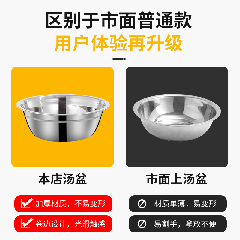 厚みのあるステンレス鋼の洗面器、丸い洗面器、家庭用キッチン洗面器、スープ洗面器、ステンレス鋼の野菜洗面器、卵洗面器、麺洗面器、多目的洗面器|undefined