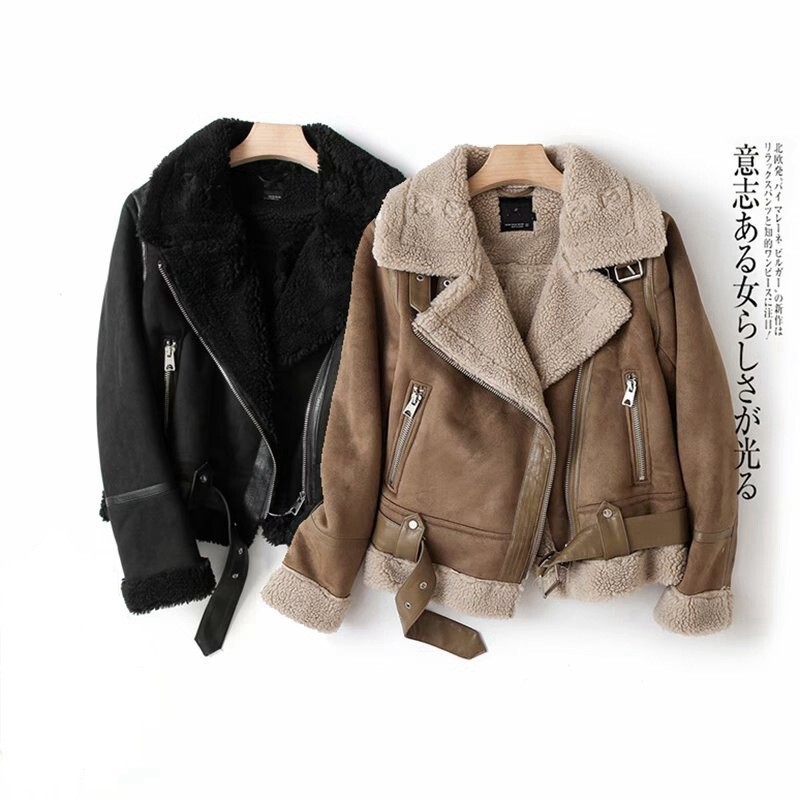 Long-Term In-Stock Winter European and American Women's Double-Sided Fur Integrated Deerskin Thickened Windproof Motorcycle Jacket Coat