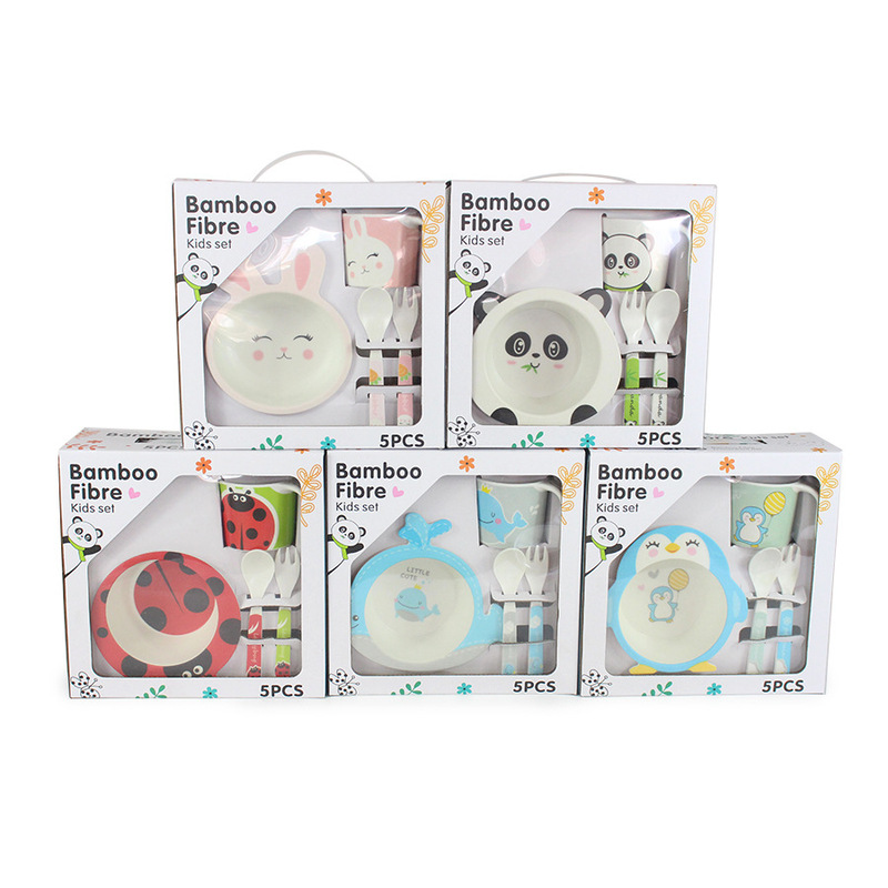 Creative New Product Bamboo Fiber Children's Tableware Set Five-Piece Set Kindergarten Baby Cartoon Bowl Food Supplement Compartmentalized Plate