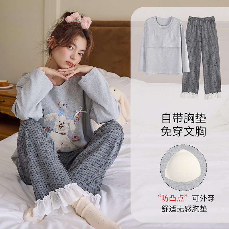全棉睡衣女带胸垫春秋季长袖卡通可爱风两件套装纯棉韩版家居服冬|undefined