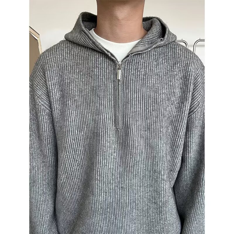 Autumn knitted sweater with zipper with hood