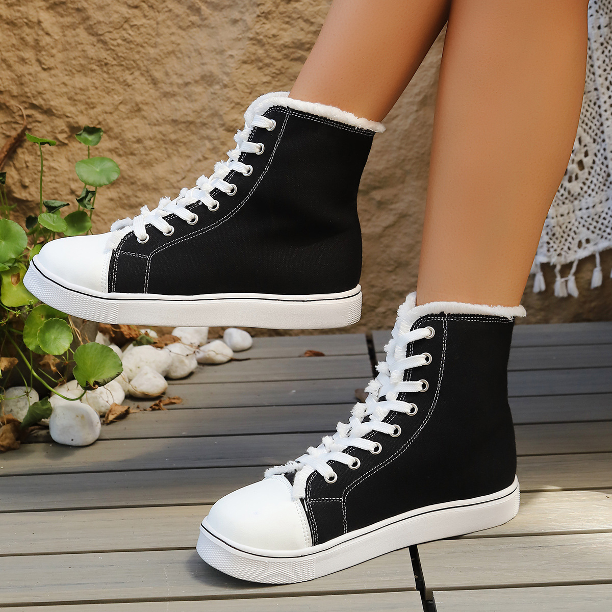 Size 44 Autumn Large Size Casual High-Top Canvas Shoes for Women 2025 Foreign Trade Color Matching Cross-Border Lace-Up Fur Mouth Sneakers