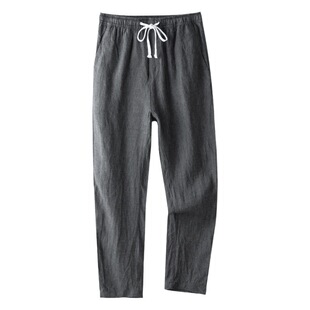 Vintage Drawstring Straight Linen Casual Pants Men's Elasticated Waist Loose Breathable Youth Foot Cropped Trendy Pants
