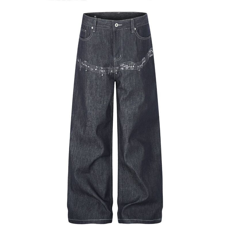 G60076 American high street unisex style washed raw denim with musical note embroidery design men's loose straight-leg jeans