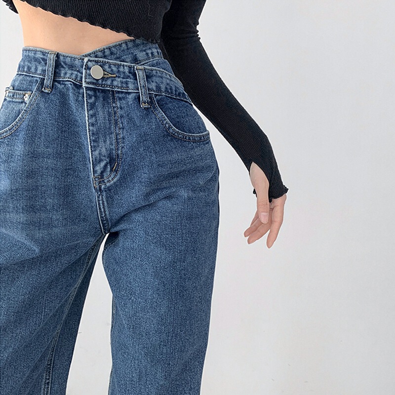 Women's irregular cross jeans New retro high waist summer loose straight slimming draping wide leg mop pants