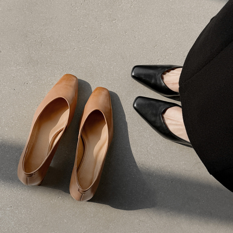 Full of Texture, Genuine Leather, Simple and Versatile Work Shoes, 2026 Spring Season, Medium Heel, Square Toe, Full Genuine Leather, Shallow Mouth Single Shoes for Women