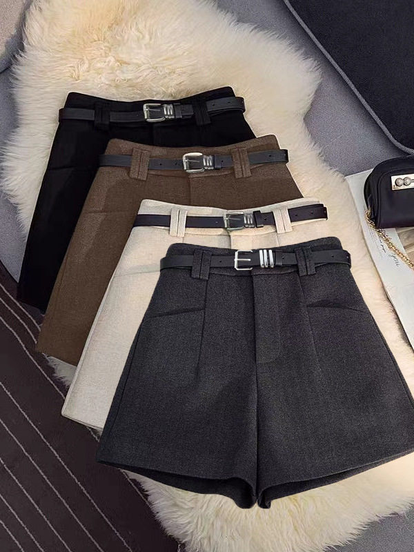 Quần short dạ nữ cạp cao ống đứng phong cách công sở kèm thắt lưng — Màu cà phê, tặng kèm thắt lưng, Màu xám đậm, tặng kèm thắt lưng, Màu yến mạch, tặng kèm thắt lưng, Màu đen, tặng kèm thắt lưng