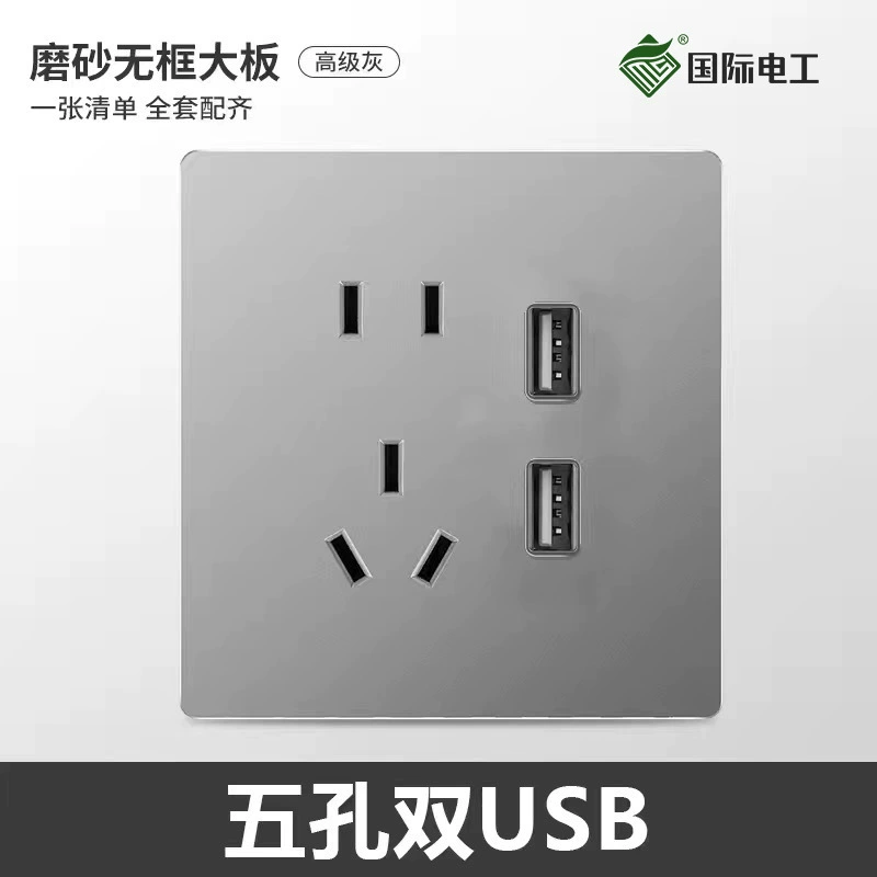 Wall switch and socket panels, fluorescent gray large plate — single/double, 3‑pin 16A, USB, TV/computer