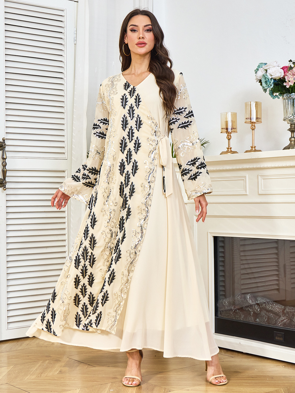 New Cross-border Dubai Abaya Clothing, Abaya, Middle Eastern Dress, Long-sleeved Sequined Arabic Gown_ecoleips.com
