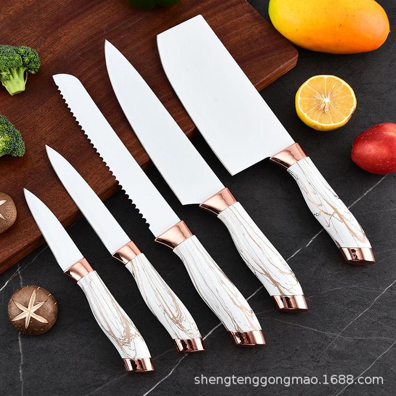 Utensilios de cocina Juego de seis piezas Cabezal de galvanoplastia doble Mango cubierto Cubo redondo Asiento oblicuo Cuchillo de cocina multifuncional Cuchillo de chef Cuchillo de pan Utensilios de cocina