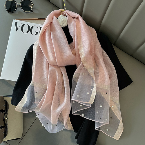  spring and summer new style imitation silk scarf women's sunshade temperament shawl fashionable style scarf beaded scarf
