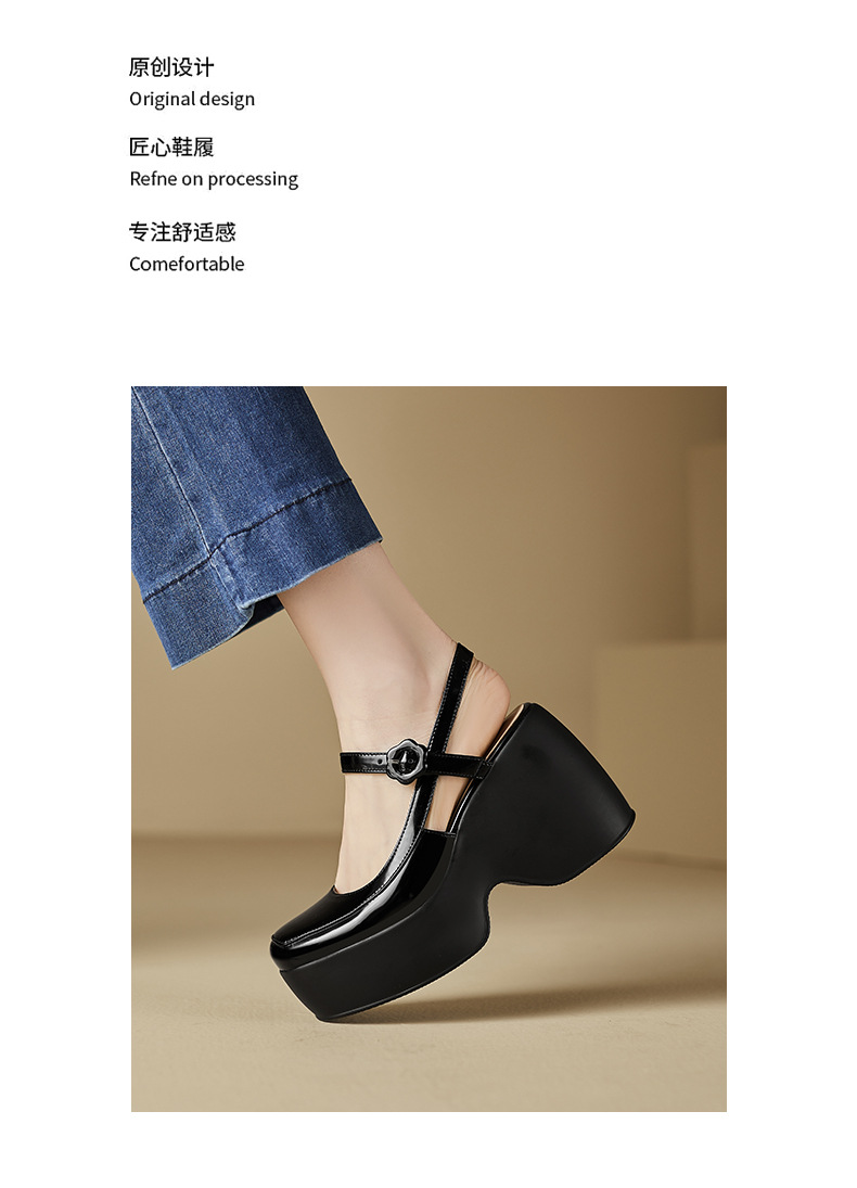 Sandal Mary Jane đế xuồng da thật bít mũi gót cao 9 cm cho nữ — Màu đen, Màu trắng be chi tiết 7