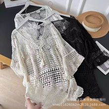 夏季钩花镂空系带针织衫女新款波西米亚度假风宽松罩衫中长款上衣