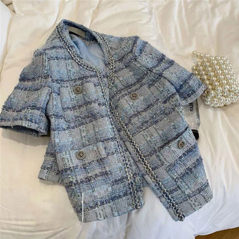 Tweed Style Short-Sleeved Jacket for Women Summer Thin 2025 New Design Niche Short Style Tweed Top