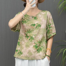 2025夏季新款棉麻上衣女复古印花棉麻衫碎花大码宽松版妈妈T恤女