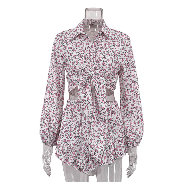 Floral Women Clothing Long Sleeve Collared Shirt Ruffled Shorts Two Piece Set