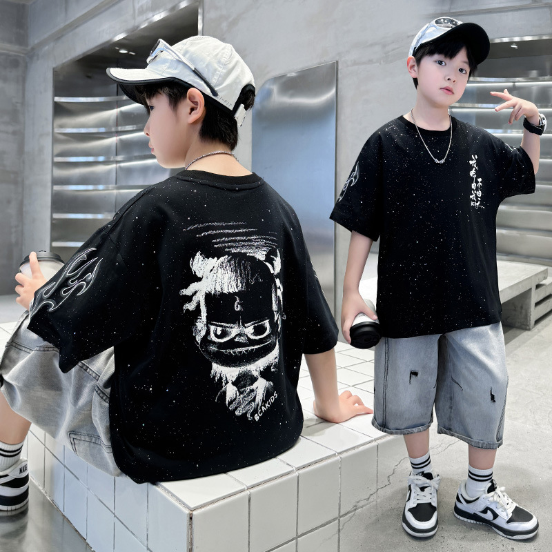 7252 Traje de manga corta para niños Camiseta de moda nacional de verano para niños Cool y guapo, estilo occidental, ropa para niños 2025 nuevo estilo delgado