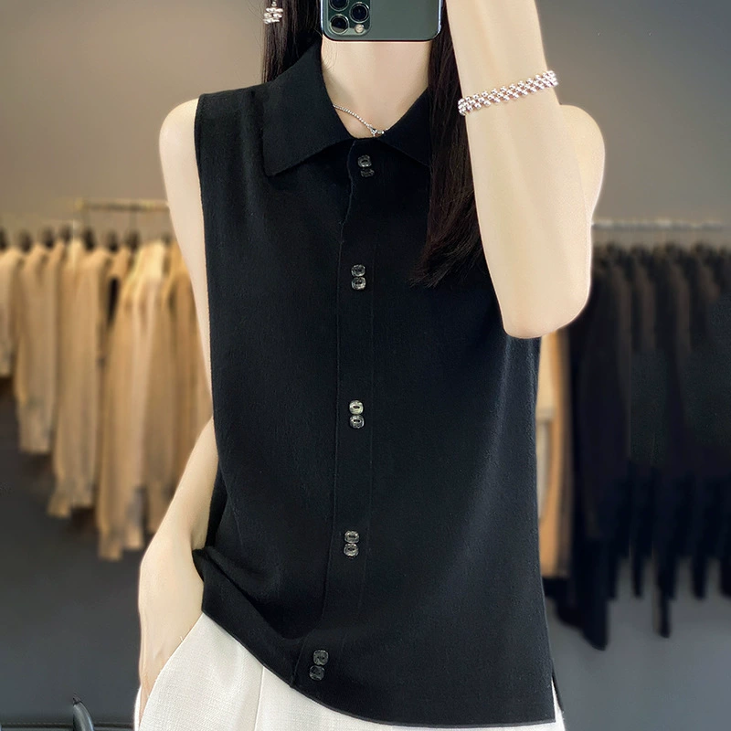 2024 весна-лето новый камвольный шерстяной трикотажный кардиган женский POLO воротник без рукавов жилет женский темперамент