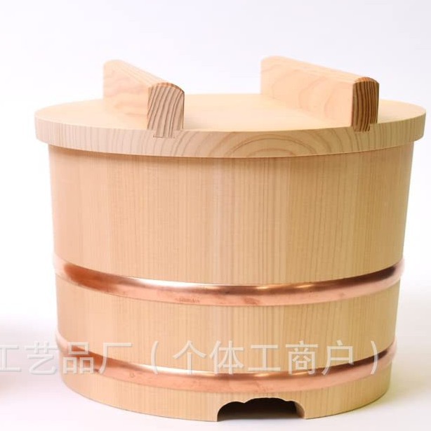 Steamer Rice Wooden Bucket Sushi Mixing Bowl Copper Rim Sushi Bucket Large Capacity Commercial Use with Lid Wooden Cooking Rice Bowl