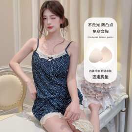 仿棉夏季新款吊带短裤睡衣女简约休闲甜美可爱带胸垫家居服套装女