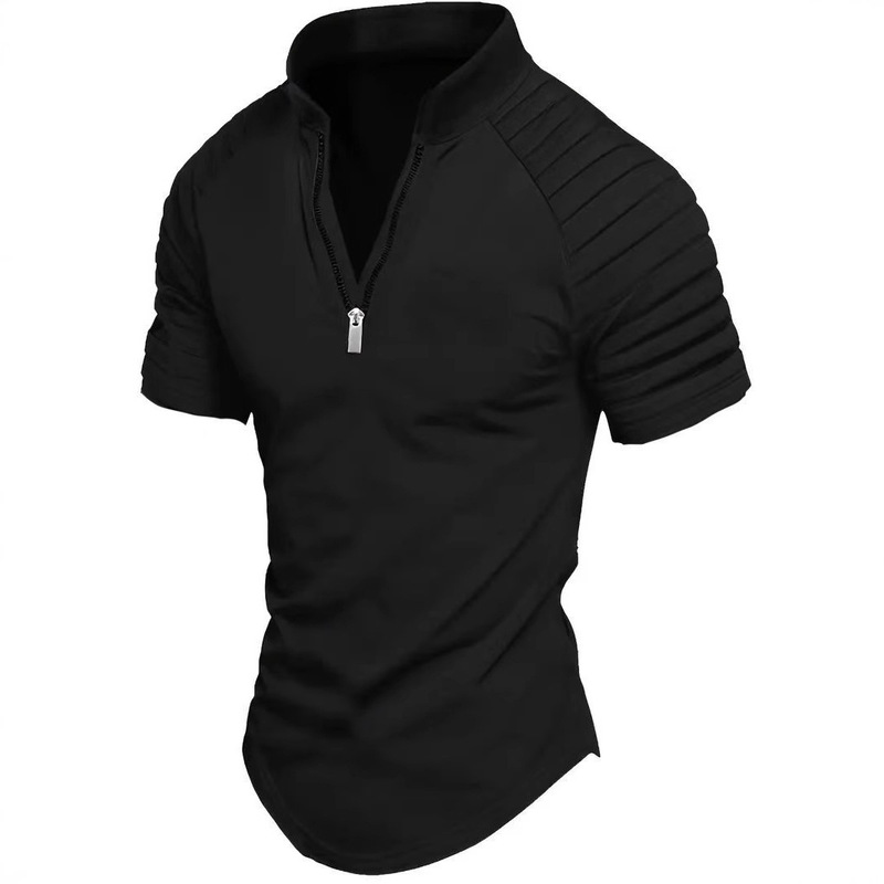 2025 Cross-border European and American Summer Casual Short-sleeved Polo Shirt Zipper Pleated Men's Sports Polo Shirt