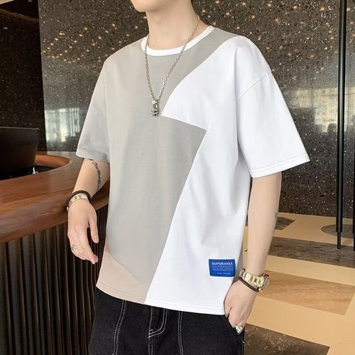 Stitching short sleeve men's summer trend loose five and a half sleeve t-color clash top men's T-shirt ice silk casual T-shirt