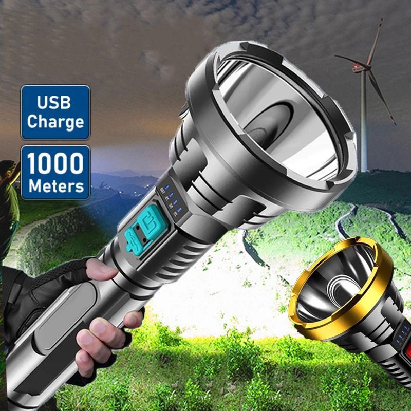 Linterna LED de alto brillo y luz fuerte, pantalla de potencia de carga USB multifunción, linterna portátil de mano de largo alcance al aire libre