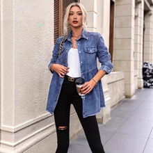 亚马逊跨境欧美外贸女装新款春夏衬衫纽扣牛仔长袖翻领牛仔外套