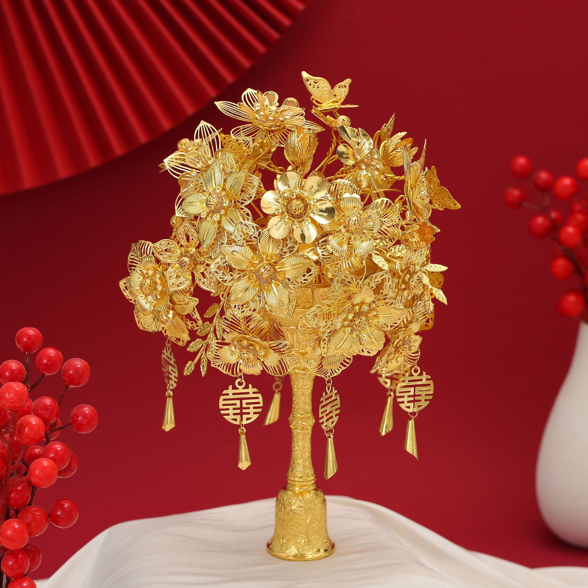 New Pure Gold Bouquet Material Package Chinese Wedding Bride Xiuhe Suit Scepter as a Wedding Gift for Besties