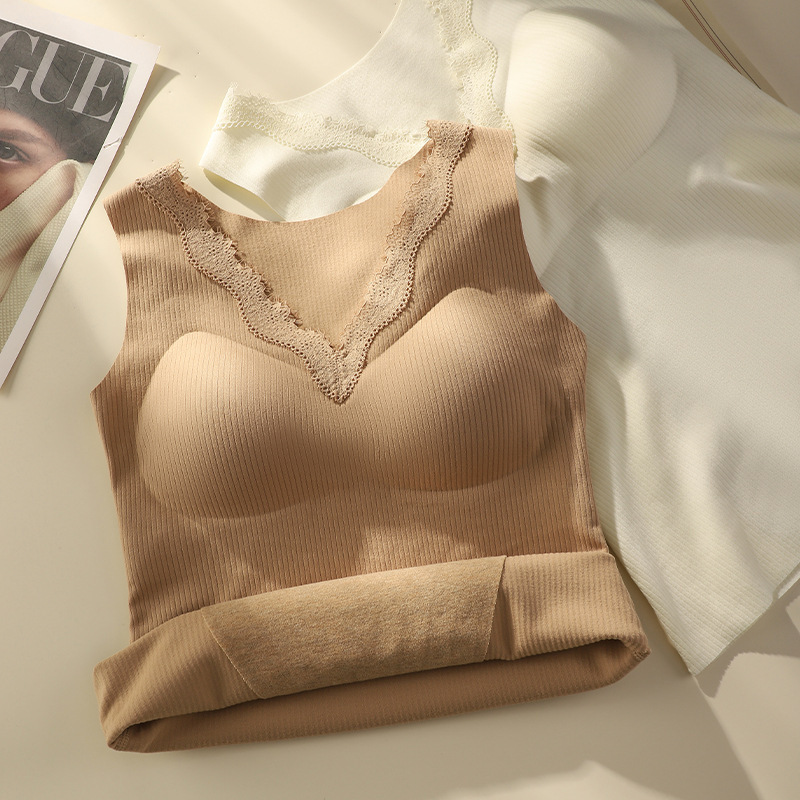 Cashmere Silk V Neck Lace Autumn and Winter Warm Vest for Women with Chest Pad, One-Piece Velvet Thickeneded Inner Layering Top