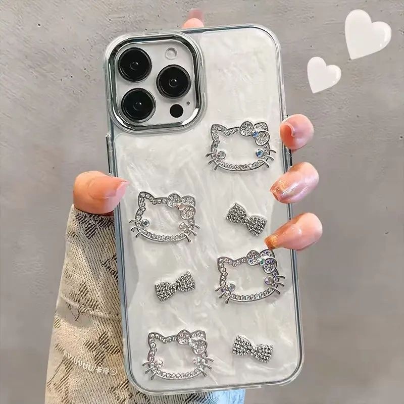 Light Luxury Sweet Flash Diamond KT Cat iPhone16Promax Phone Case for Apple 15/14Pro Cute 13 Protective Case