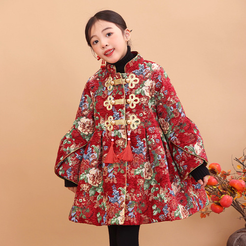 Girls' large flower cotton-padded jacket winter coat  new antique style girls Hanfu New Year's greetings quilted children's Tang suit
