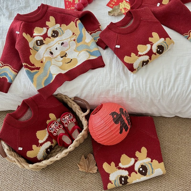 Children's cartoon knitted festive red sweater for men and women