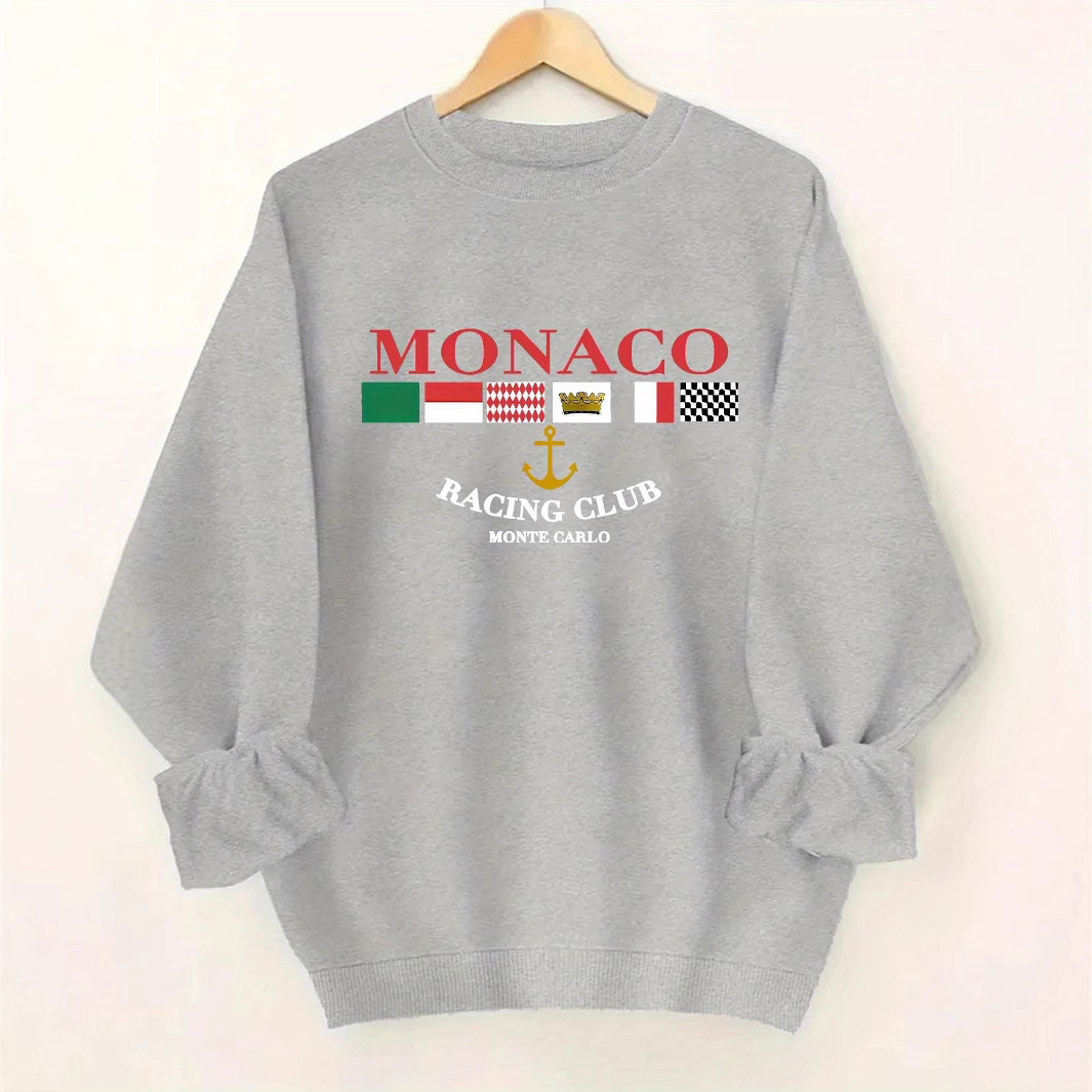Women's Monaco Print Fashionable All-Match Streetwear Crew Neck Casual Sweatshirt Pullover_voghion.com